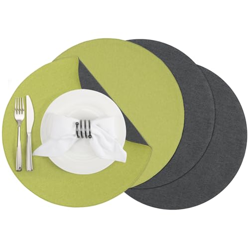 Banchif Tischsets, Durchmesser 38cm Leinenimitat Platzsets Abwaschbar rutschfeste Tischsets Platzsets Doppelseitigen Platzdecken (Grün-Grau, Rund Satz von 4) von Banchif