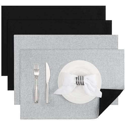 Banchif Platzsets Leinenimitat Tischsets Abwaschbar Tischsets Doppelseitigen Platzsets Stoff Platzdecken maschinenwaschbar 30 x 45 cm (HellGrau-Schwarz, Rechteckig Satz von 4) von Banchif