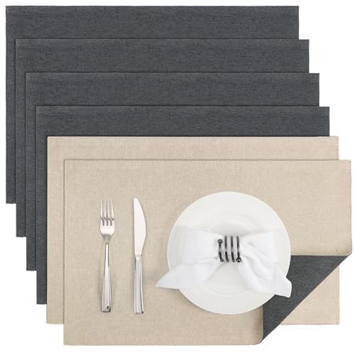 Banchif Platzsets Leinenimitat Tischsets Abwaschbar Tischsets Doppelseitigen Platzsets Stoff Platzdecken maschinenwaschbar 30 x 45 cm (Grau-Beige, Rechteckig Satz von 6) von Banchif