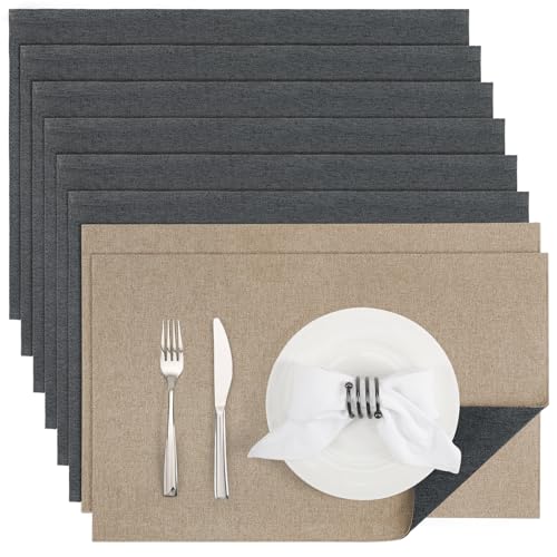 Banchif Platzsets Leinenimitat Tischsets Abwaschbar Tischsets Doppelseitigen Platzsets Stoff Platzdecken maschinenwaschbar 30 x 45 cm (Grau-hell Brown, Rechteckig Satz von 8) von Banchif
