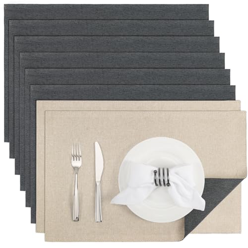 Banchif Platzsets Leinenimitat Tischsets Abwaschbar Tischsets Doppelseitigen Platzsets Stoff Platzdecken maschinenwaschbar 30 x 45 cm (Grau-Beige, Rechteckig Satz von 8) von Banchif