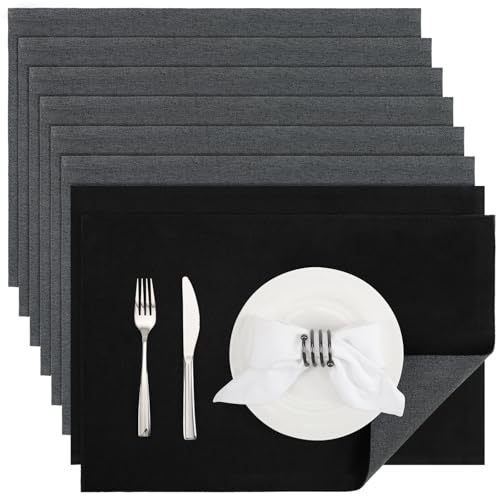 Banchif Platzsets Leinenimitat Tischsets Abwaschbar Tischsets Doppelseitigen Platzsets Stoff Platzdecken maschinenwaschbar 30 x 45 cm (Grau-Schwarz, Rechteckig Satz von 8) von Banchif