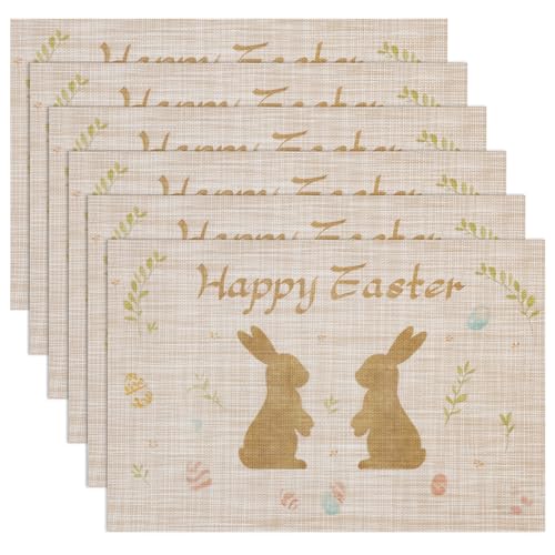 Banchif Abwaschbar Doppelseitig Tischsets 6er Set, Ostereier mit Blüten Cartoon Kaninchen tischdeko Ostern Frühling Bankett Tischsets Urlaub Party Dekor Saisonal Platzsets Beige von Banchif