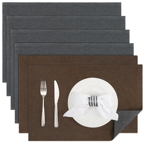 Banchif Platzsets Leinenimitat Tischsets Abwaschbar Tischsets Doppelseitigen Platzsets Stoff Platzdecken maschinenwaschbar 30 x 45 cm (Brown-Grau, Rechteckig Satz von 6) von Banchif
