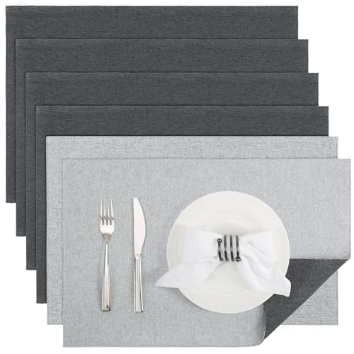 Banchif Platzsets Leinenimitat Tischsets Abwaschbar Tischsets Doppelseitigen Platzsets Stoff Platzdecken maschinenwaschbar 30 x 45 cm (HellGrau-Grau, Rechteckig Satz von 6) von Banchif