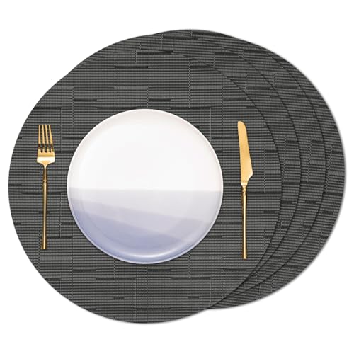Banchif Tischsets Rund, Tischsets Abwaschbar 4er Set Platzdeckchen PVC Rund rutschfest Platzsets Abwischbar Gewebte Vinyl Platzsets Durchmesser 38 cm, Schwarz Grau Banchif Tischsets Rund, Tischsets Abwaschbar 4er Set Platzdeckchen PVC Rund rutschfest Platzsets Abwischbar Gewebte Vinyl Platzsets Durchmesser 38 cm, Schwarz Grau von Banchif