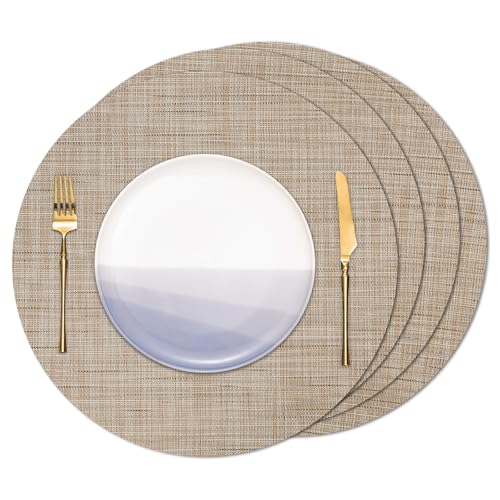 Banchif Tischsets Rund, Tischsets Abwaschbar 4er Set Platzdeckchen PVC Rund rutschfest Platzsets Abwischbar Gewebte Vinyl Platzsets Durchmesser 38 cm, Gelb Banchif Tischsets Rund, Tischsets Abwaschbar 4er Set Platzdeckchen PVC Rund rutschfest Platzsets Abwischbar Gewebte Vinyl Platzsets Durchmesser 38 cm, Gelb von Banchif