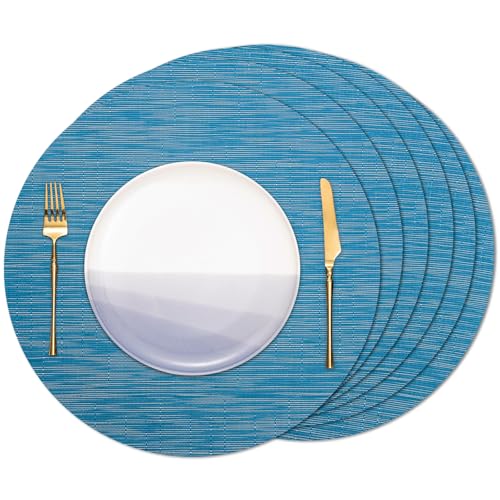 Banchif Tischsets Rund, Tischsets Abwaschbar 6er Set Platzdeckchen PVC Rund rutschfest Platzsets Abwischbar Gewebte Vinyl Platzsets Durchmesser 38 cm, Blau von Banchif