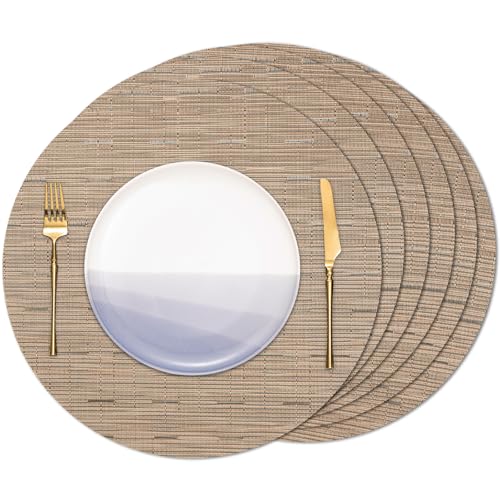 Banchif Tischsets Rund, Tischsets Abwaschbar 6er Set Platzdeckchen PVC Rund rutschfest Platzsets Abwischbar Gewebte Vinyl Platzsets Durchmesser 38 cm, Braun von Banchif