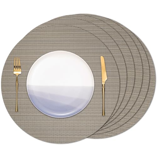 Banchif Tischsets Rund, Tischsets Abwaschbar 6er Set Platzdeckchen PVC Rund rutschfest Platzsets Abwischbar Gewebte Vinyl Platzsets Durchmesser 38 cm, Silber Gold Banchif Tischsets Rund, Tischsets Abwaschbar 6er Set Platzdeckchen PVC Rund rutschfest Platzsets Abwischbar Gewebte Vinyl Platzsets Durchmesser 38 cm, Silber Gold von Banchif