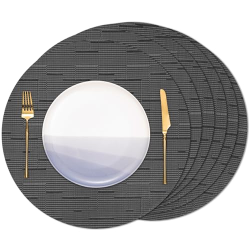 Banchif Tischsets Rund, Tischsets Abwaschbar 6er Set Platzdeckchen PVC Rund rutschfest Platzsets Abwischbar Gewebte Vinyl Platzsets Durchmesser 38 cm, Schwarz Grau Banchif Tischsets Rund, Tischsets Abwaschbar 6er Set Platzdeckchen PVC Rund rutschfest Platzsets Abwischbar Gewebte Vinyl Platzsets Durchmesser 38 cm, Schwarz Grau von Banchif
