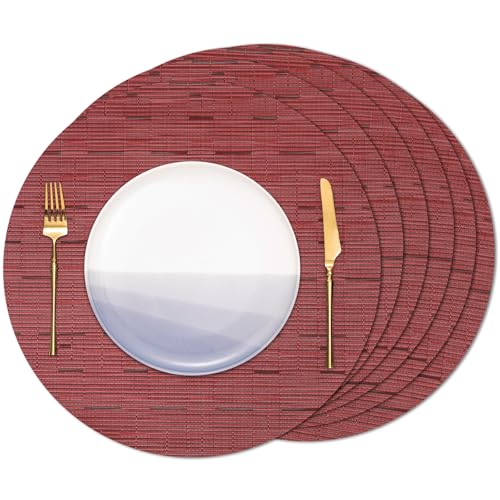 Banchif Tischsets Rund, Tischsets Abwaschbar 6er Set Platzdeckchen PVC Rund rutschfest Platzsets Abwischbar Gewebte Vinyl Platzsets Durchmesser 38 cm, Rot von Banchif