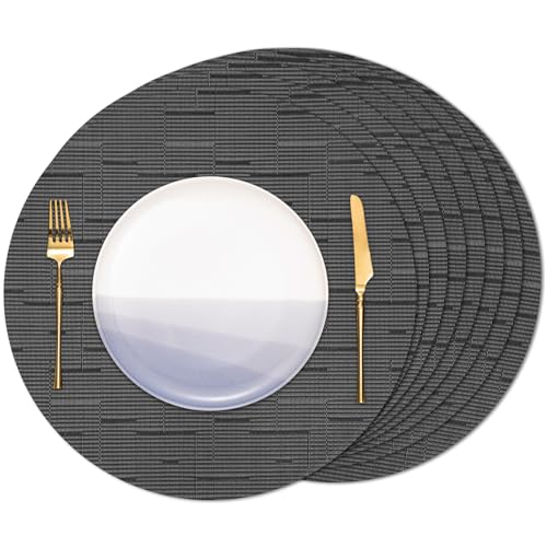 Banchif Tischsets Rund, Tischsets Abwaschbar 8er Set Platzdeckchen PVC Rund rutschfest Platzsets Abwischbar Gewebte Vinyl Platzsets Durchmesser 38 cm, Schwarz Grau von Banchif