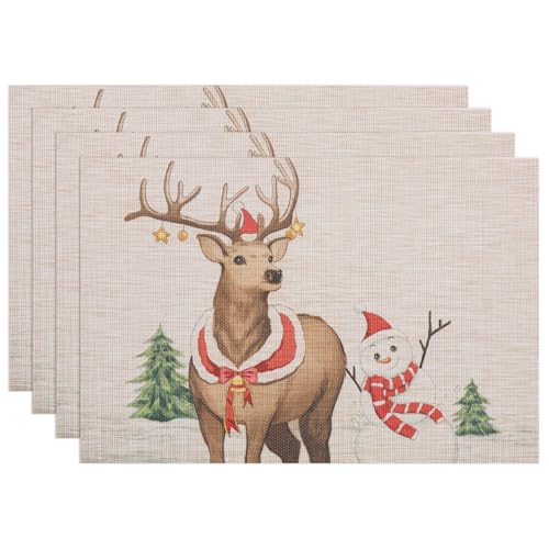 Banchif Tischsets Weihnachten Das Tischset Ist Mit Schneemann, Rentier Motiv Abwaschbar rutschfest Abgrifffeste Hitzebeständig PVC Platzsets Tischdeko Weihnachten Tischsets Set of 4 (45 x 30 cm) von Banchif