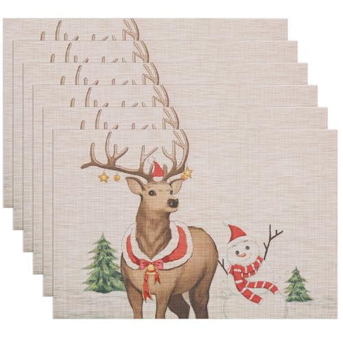 Banchif Tischsets Weihnachten Das Tischset Ist Mit Schneemann, Rentier Motiv Abwaschbar rutschfest Abgrifffeste Hitzebeständig PVC Platzsets Tischdeko Weihnachten Tischsets Set of 6 (45 x 30 cm) von Banchif