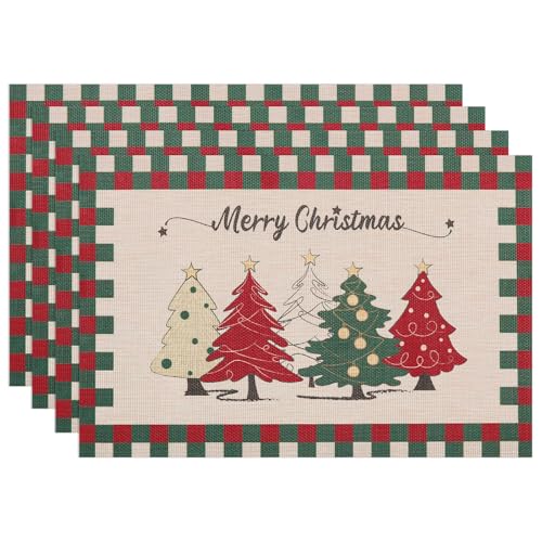 Banchif Tischsets Weihnachten Das Tischset Ist Mit Weihnachtsbaum Motiv Abwaschbar rutschfest Abgrifffeste Hitzebeständig PVC Platzsets Tischdeko Weihnachten Tischsets Set of 4 (45 x 30 cm) von Banchif