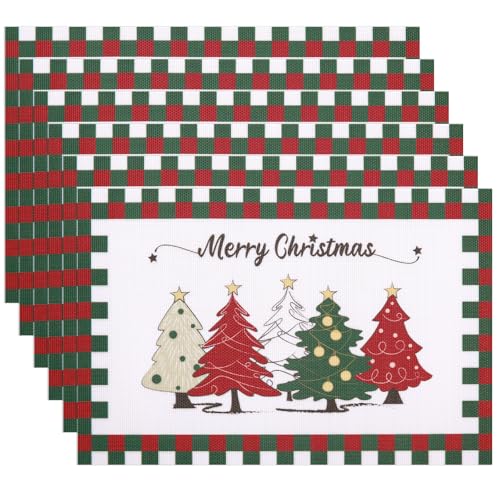 Banchif Tischsets Weihnachten Das Tischset Ist Mit Weihnachtsbaum Motiv Abwaschbar rutschfest Abgrifffeste Hitzebeständig PVC Platzsets Tischdeko Weihnachten Tischsets Set of 6 (45 x 30 cm) von Banchif