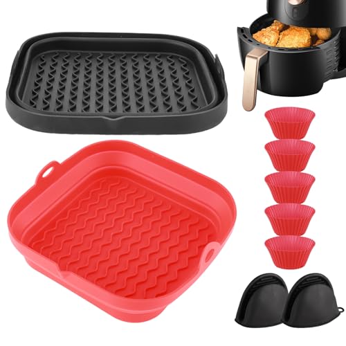 20cm Silikonform für Heißluftfritteuse, 2er-Pack XL Airfryer Silikon Pot Liners, Silikonbackformen Airfryer, Silikontopf mit zwei Ofenhandschuhen und Eierkuchenform, Silikoneinsatz Backform Zubehör von Bandfol