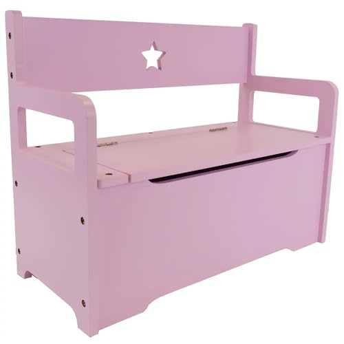 Bandits & Angels Holzspielzeugkiste mit Aufbewahrungsbank Retro Pink – 2-in-1-Aufbewahrungsbank – Sitzhöhe 24 cm – Maße 60 x 27 x 47 cm – für Mädchen – Möbel für Kinderzimmer - Kindersitzbank von Bandits & Angels