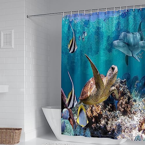 Banemi Duschvorhang Stoff Schimmelresistent, Duschvorhang Wasserdicht Blaubraun Polyester Der Unterwasserwelt Schildkrötendelfin 165X200cm von Banemi