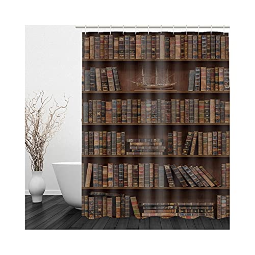 Banemi Duschvorhang Stoff Waschbar, Duschvorhang Bunt Braun Bücherregal Klassische Bücher 180X180cm für Eck Dusche mit 12 Duschvorhangringen von Banemi