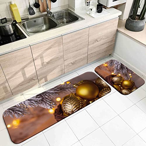 Banemi Küchenmatten Waschbar, Kleiner Teppich Gold Braun Weihnachtsschmuck Glocken und Tannenzapfen 50X80cm+50X160cm Heimtextilien von Banemi