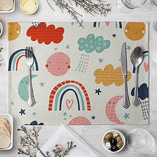 Platzset Abwischbar, 4er Set Tischsets Stoff Sonne Mond Sterne Regenbogen Wolken 40X30cm Grifffeste für Küche von Banemi