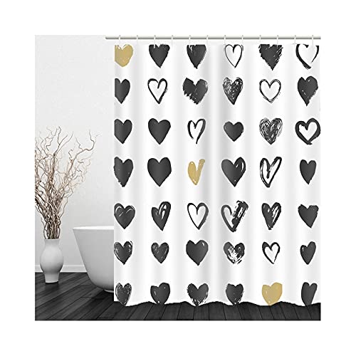 Banemi Shower Curtain Textile, Duschvorhang Vintage Grau Herzen Weiß Schwarz Khaki Polyestergewebe 120X180cm für Eck Dusche mit 12 Duschvorhangringen von Banemi