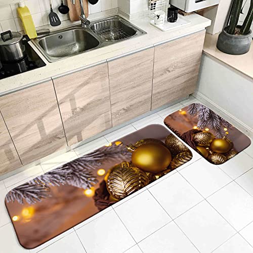 Banemi Vorzimmer Teppich, Küchenläufer Kitchen Gold Braun Weihnachtsschmuck Glocken und Tannenzapfen 60X90cm+60X180cm Heimtextilien von Banemi