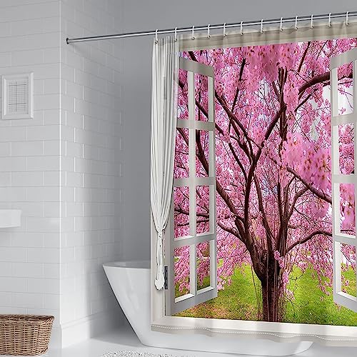 Duschrollo für Badewanne, Duschvorhang Extra Lang Weiß Rosa Polyester Pfirsichbaum Vor Dem Fenster Duschvorhang für Männer 165X180cm von Banemi