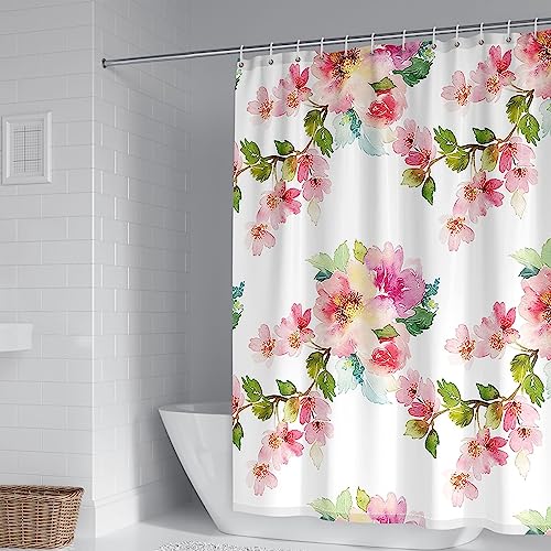 Duschvorhang 180X180, Duschvorhang Antischimmel Rosa Grün Polyester Blumen und Blättermuster Stilvoller Duschvorhang von Banemi