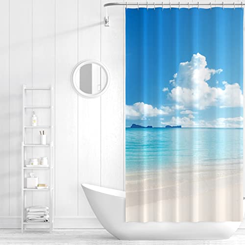 Duschvorhang Stoff Waschbar, Duschvorhang Anti Schimmel Blau Strand Blauer Himmel und Weiße Wolken für Eck Dusche 180X200cm von Banemi