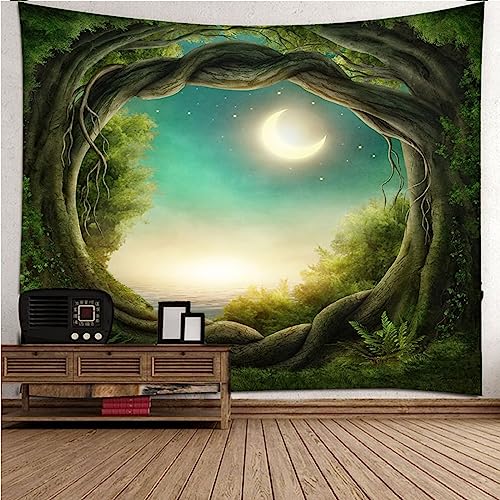 Wandbehang 200x200, Wandbehang Boho Groß Grün Polyester Grüne Feenhöhle und Mond Wandteppich Wanddeko Schlafzimmer von Banemi