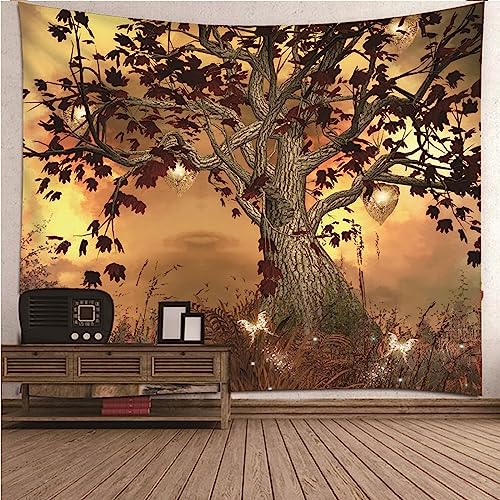 Wandtuch Natur, Wandtuch Outdoor Braungelb Baum des Lebens Schmetterling Wandteppich Deko Wohnzimmer Wand 150x150cm von Banemi