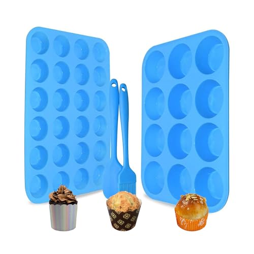 2Pack Silikon Muffinform Formen,12 + 24 Cavity BPA-freie Antihaft-sichere Muffin Backform Maker Pfanne für Cupcake Biscuit Bagels Muffins (Blau[12+24]) von Bangp
