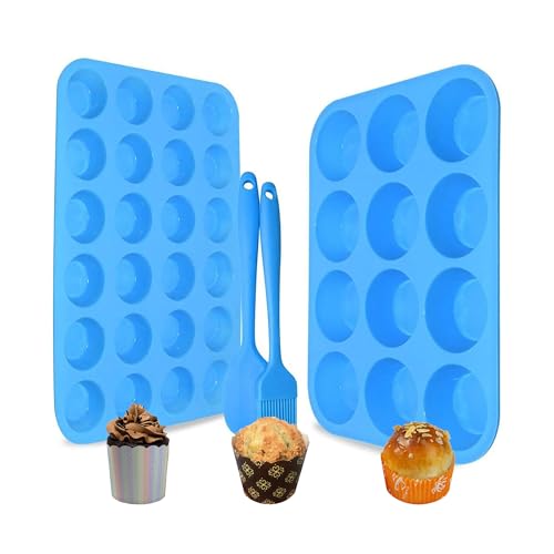 2Pack muffinform silikon,12 Cavity silikon backform + 24 Cavity mini muffins backform BPA-freie Antihaft-sichere Muffin Backform Pfanne für Cupcake Biscuit Bagels Muffins (Blau[12+24]) von Bangp