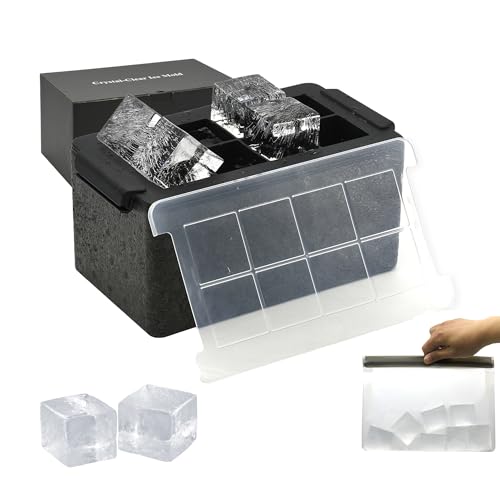 Kristalline Eiswürfelformen, riesiges Tablett für 5,1-cm-Eiswürfelmaschinen, 8 große, transparente Eiswürfel für Whisky und Cocktails, mit Aufbewahrungstasche von Bangp