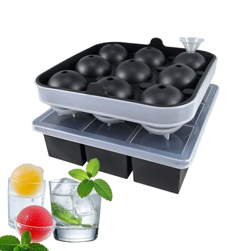 Easy Release Eiswürfelform mit Deckel, Kunststoff Eiskugelformen mit Trichter, 9 große quadratische Eiswürfel und 9 runde Eiskugeln für Whiskey Gelee Pudding, Silikon Gefrierfach Tablett für von Bangp