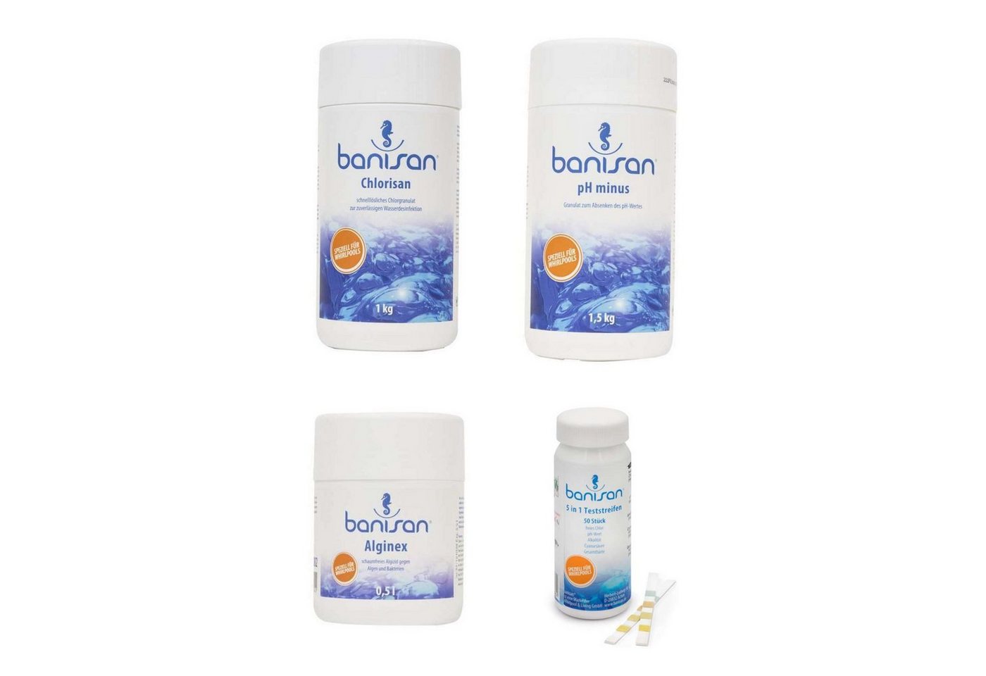 Banisan Poolpflege Banisan Wasserpflege-Set Chlorchranulat pH-Minus Algen Teststreifen von Banisan