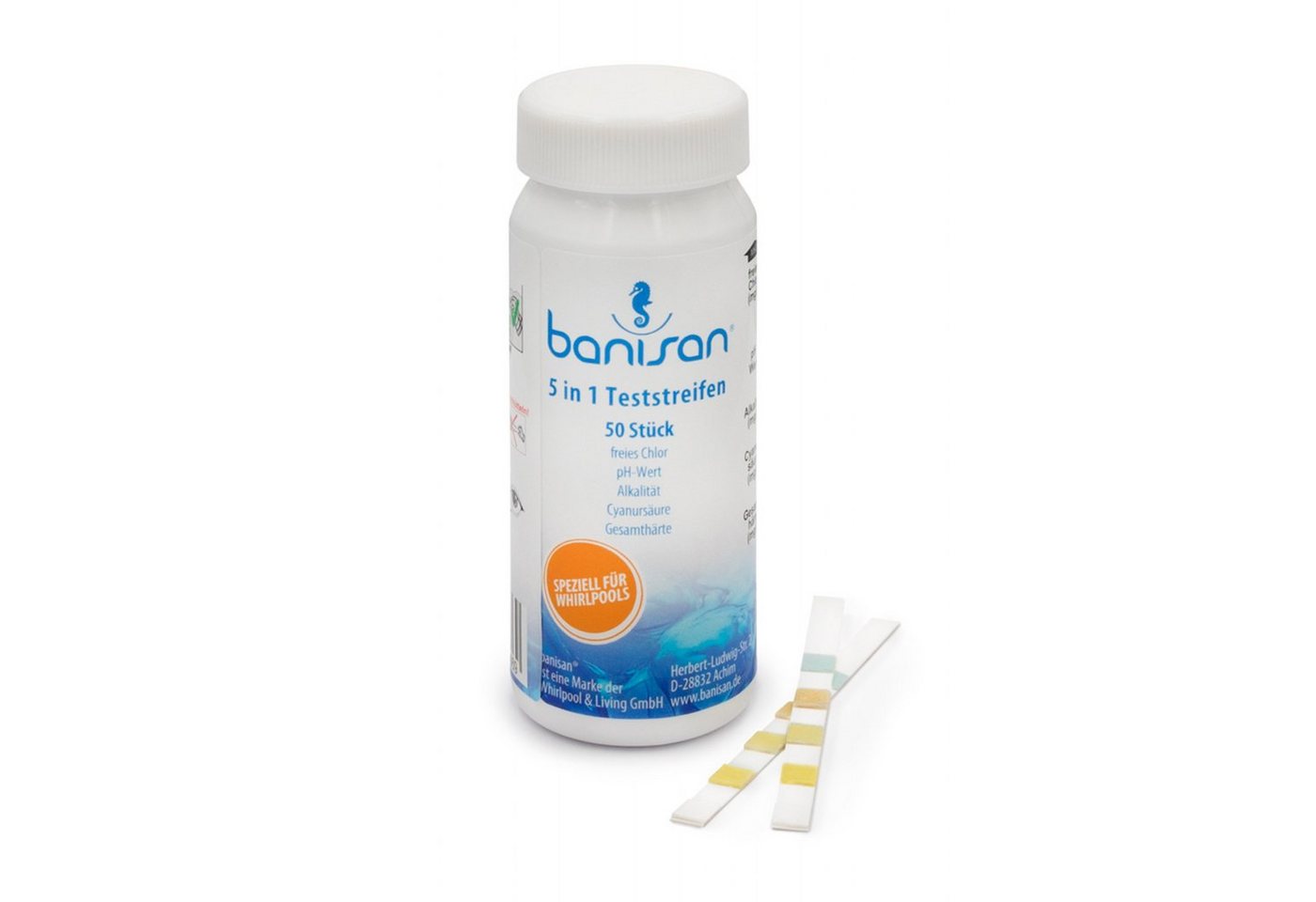 Banisan Pooltester Banisan Teststreifen 50 Stück 5 in 1 für Chlor, pH von Banisan