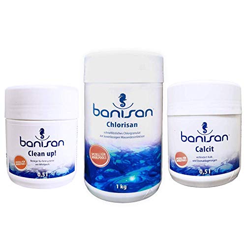 Banisan Sparset Whirlpool Wasserpflege Chlorisan 1kg | Clean up! 500ml | Calcit 500ml | Wasserpflege für Whirlpools SwimSpa Banisan von Banisan
