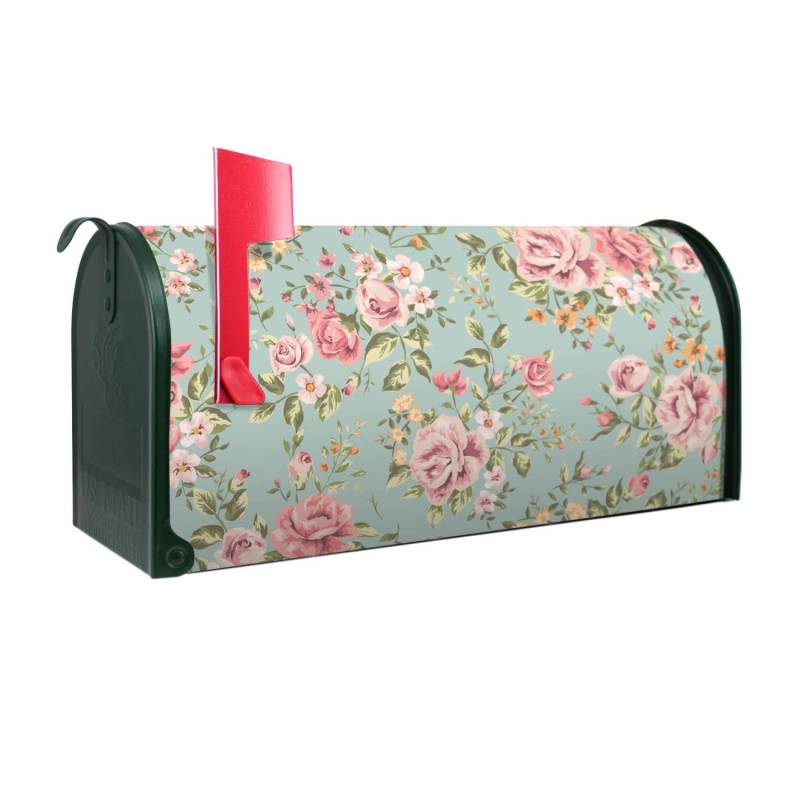 Banjado Amerikanischer Briefkasten Grün 48x22x16cm US Mailbox Letterbox Postkasten Stahl Pulverbeschichtet Motiv Altrosa Blume von Banjado