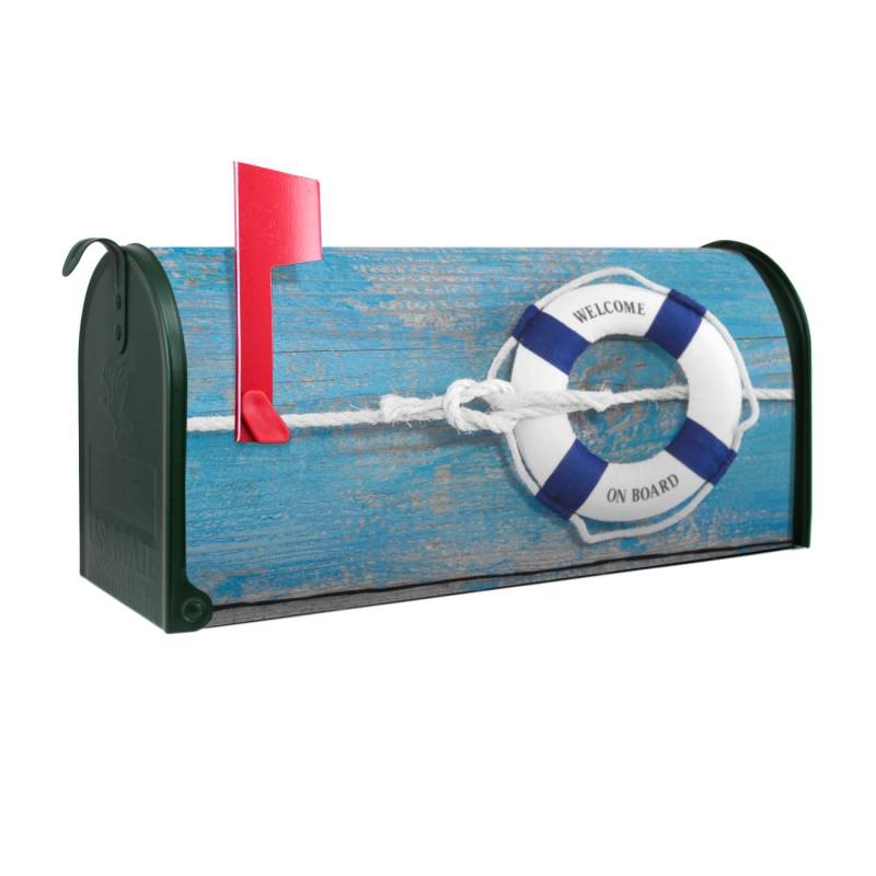 Banjado Amerikanischer Briefkasten Grün 48x22x16cm US Mailbox Letterbox Postkasten Stahl Pulverbeschichtet Motiv Blauer Rettungsring von Banjado
