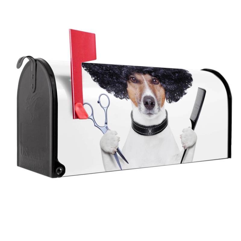 Banjado Amerikanischer Briefkasten Schwarz 48x22x16cm US Mailbox Letterbox Postkasten Stahl Pulverbeschichtet Motiv Friseur Jack Russel von Banjado