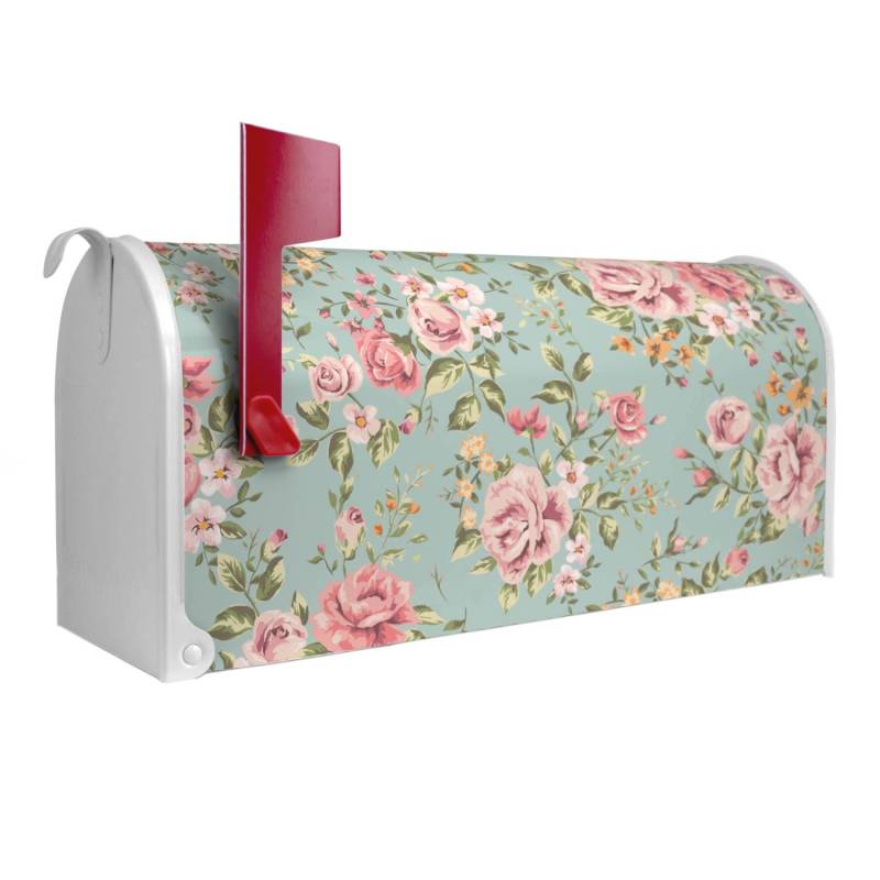 Banjado Amerikanischer Briefkasten Weiß 48x22x16cm US Mailbox Letterbox Postkasten Stahl Pulverbeschichtet Motiv Altrosa Blume von Banjado
