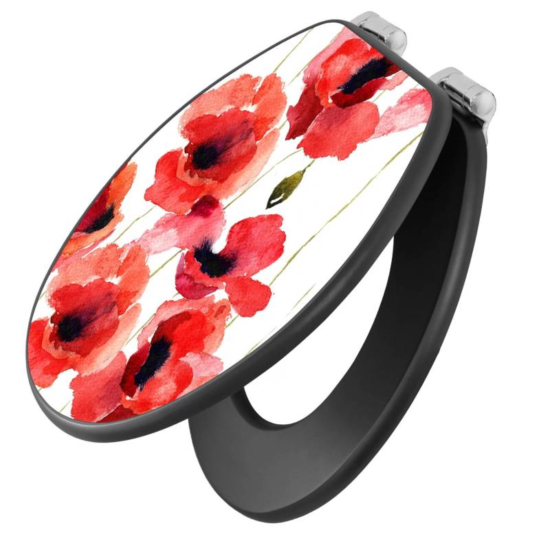 Banjado Anthrazit Toilettendeckel Mit Absenkautomatik WC-Sitz Soft Close Hygienischer Klodeckel MDF Mit Motiv Mohn Aquarell von Banjado