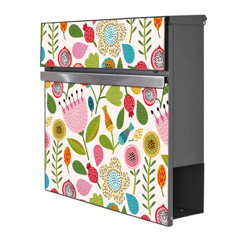 Banjado Briefkasten Anthrazit 37x37x10.5cm Groß / Inkl. Montagematerial & 2 Schlüsseln Motiv Blumen Naiv von Banjado