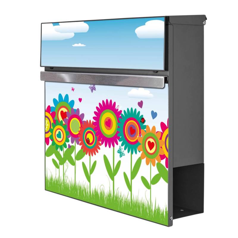 Banjado Briefkasten Anthrazit 37x37x10.5cm Groß / Inkl. Montagematerial & 2 Schlüsseln Motiv Bunte Blumen von Banjado