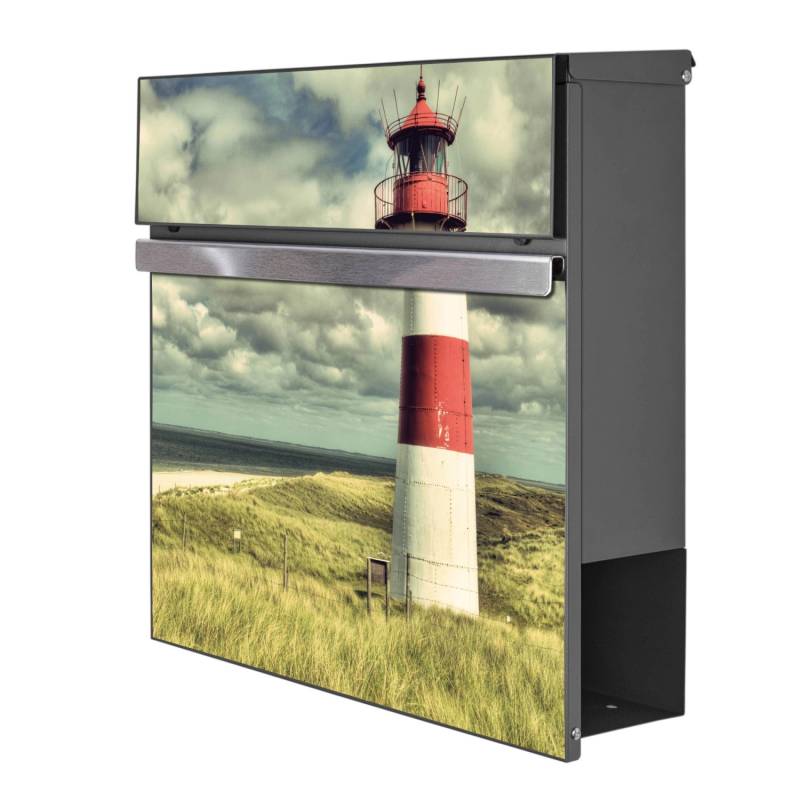 Banjado Briefkasten Anthrazit 37x37x10.5cm Groß / Inkl. Montagematerial & 2 Schlüsseln Motiv Leuchtturm Sylt von Banjado