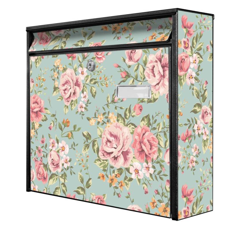 Banjado Briefkasten Schwarz 36.2x32.2x10cm Groß / Inkl. Montagematerial & 2 Schlüsseln / Mit Namensschild Motiv Altrosa Blume von Banjado